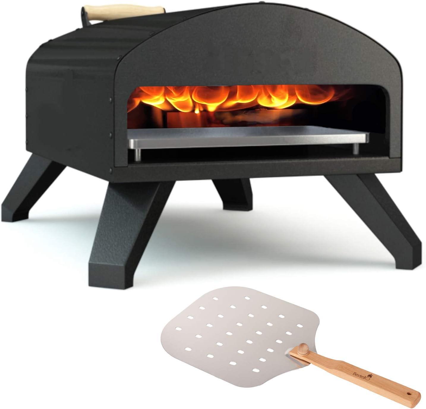 Bertello Outdoor Pizza Oven Black + Pizza Peel Combo. Wood Fire Portable Brick Oven